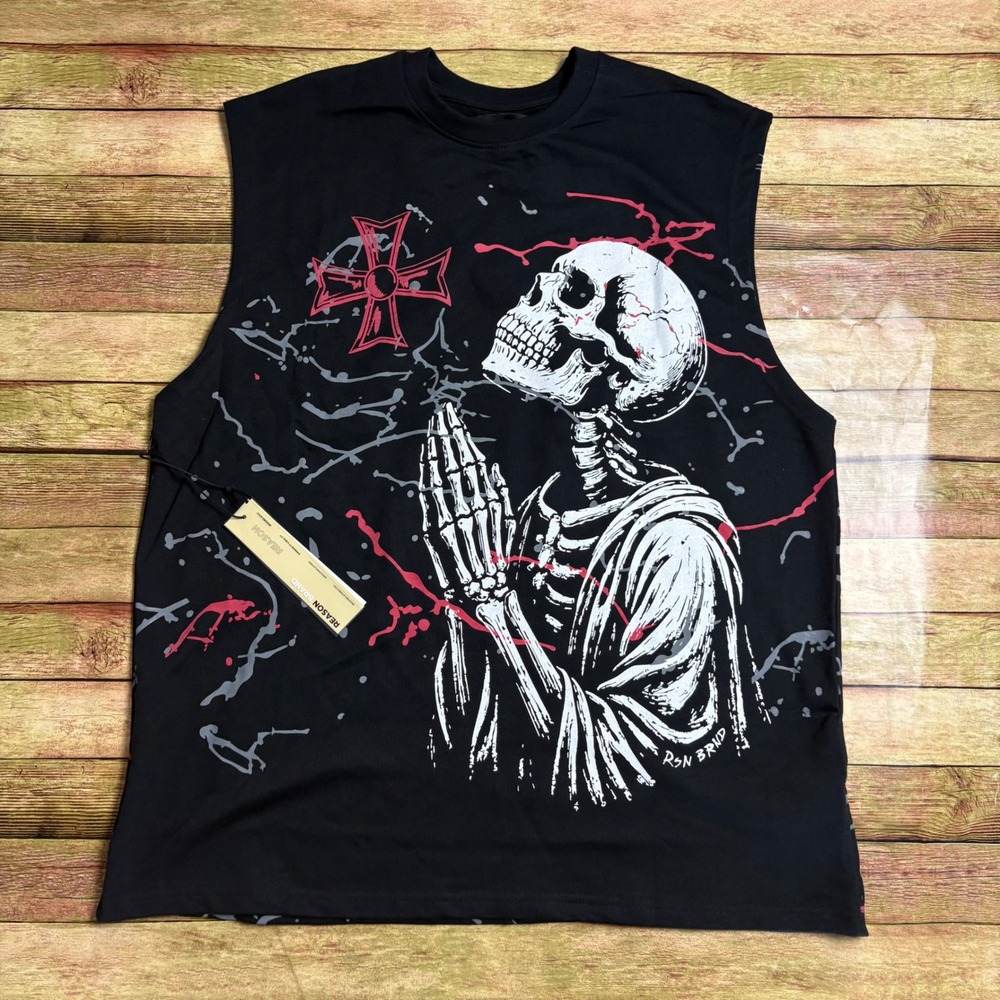 Reason Brand Mens Black Praying Skeleton Graphic Muscle Tee Tank Top Size M NEW